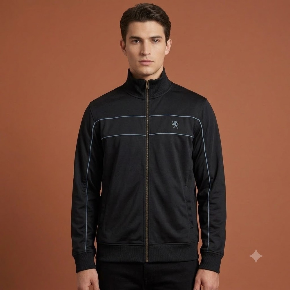 Express Track‎ Jacket Men's L Black Full Zip Modern Fit Piped